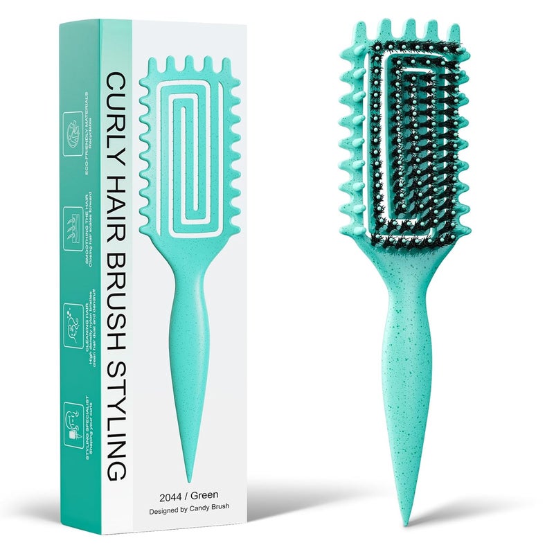 Weldilgit Curly Hair Brush, Curl Defining Brush with Soft Boar Bristles Detangling Tangled Glides, Wide-Teeth Design Effortlessly Shaping & Defining Curls, Curling Definer for Wet & Dry Hair (Green) - Image 1